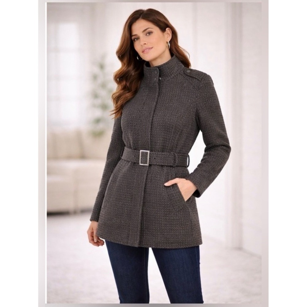 Charlotte Russe Wool Blend Waffle Textured Belted Coat Black M Jacket